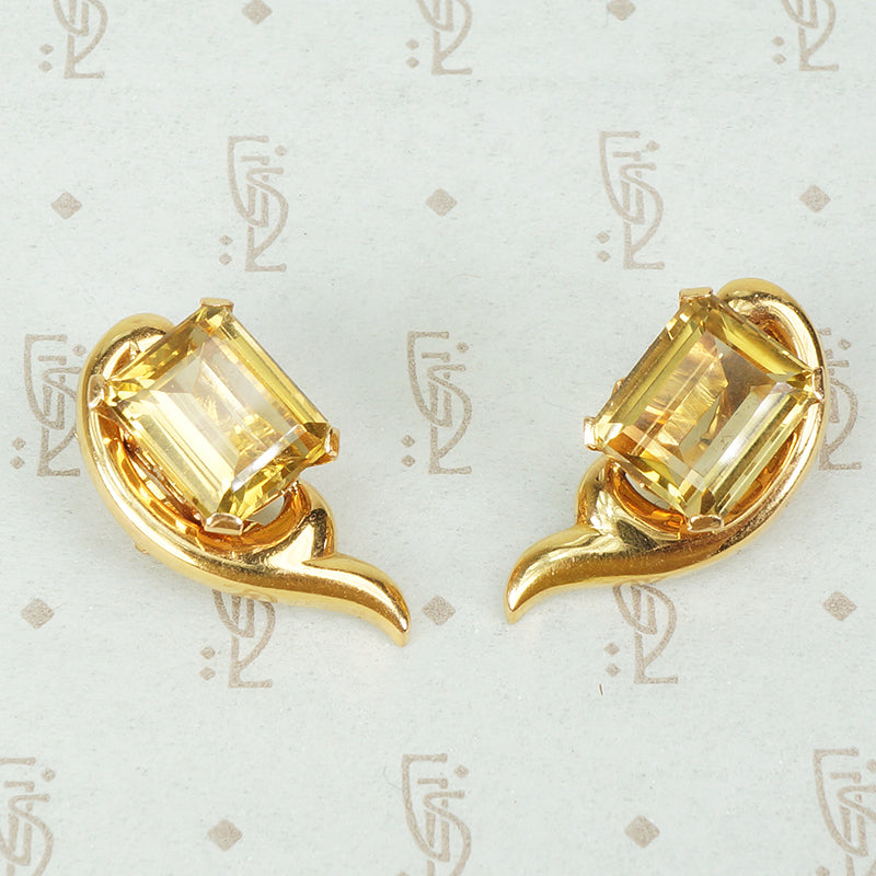retro 14k yellow gold and emerald cut citrine clip on earrings