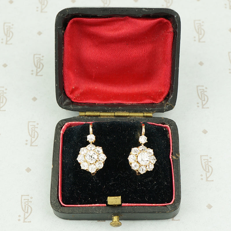 antique diamond earrings clusters in original box