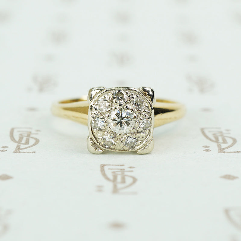 2 tone cluster diamond vintage engagement ring