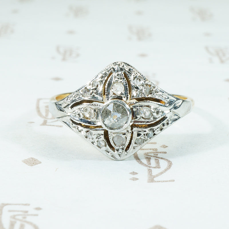 The flower compass ring platinum omc and rose cut diamonds
