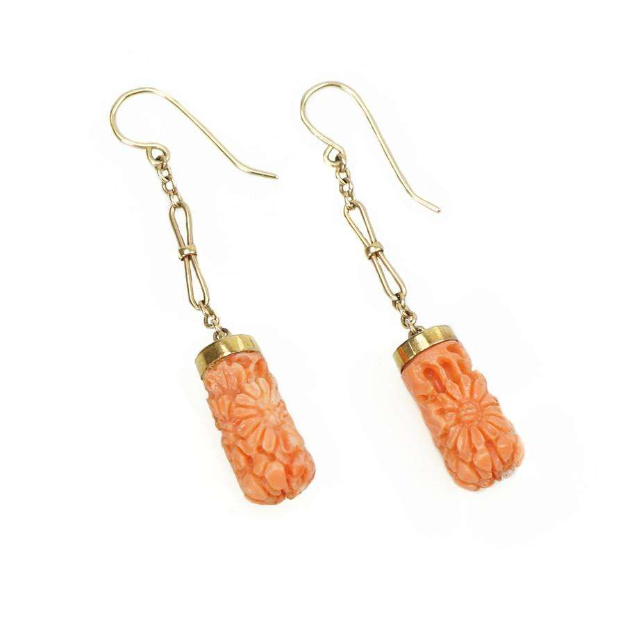 Carved Coral Drop Earrings Circa 1910