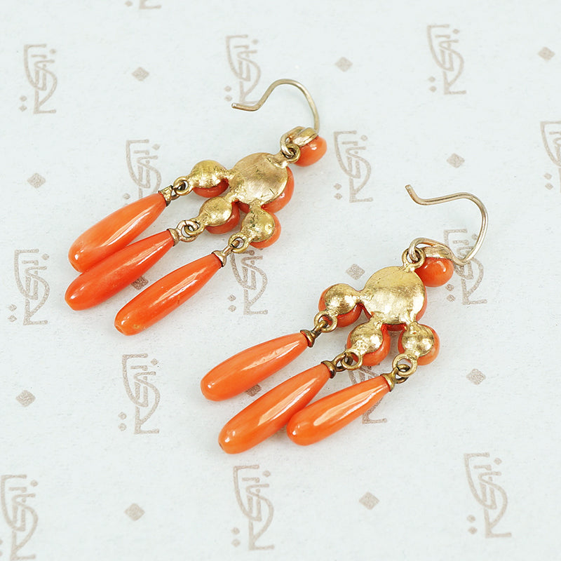 antique red coral drop earrings