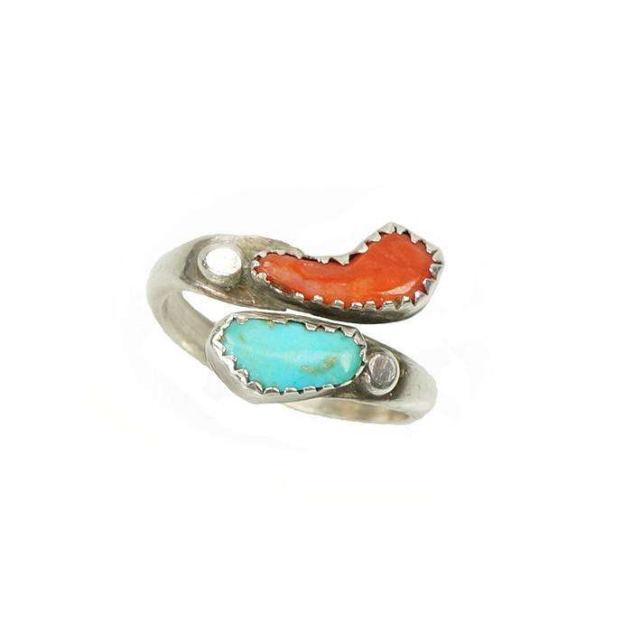 Vintage 70's Coral and Turquoise Silver Ring