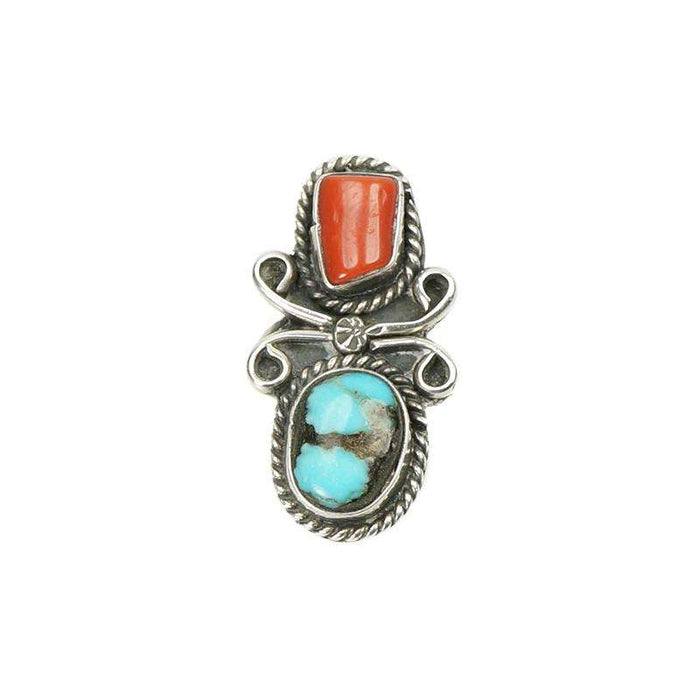 Vintage Native American Silver Turquoise and Coral Ring