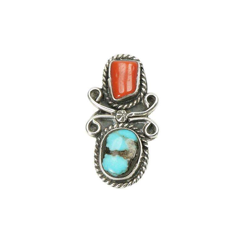 Vintage Native American Silver Turquoise and Coral Ring