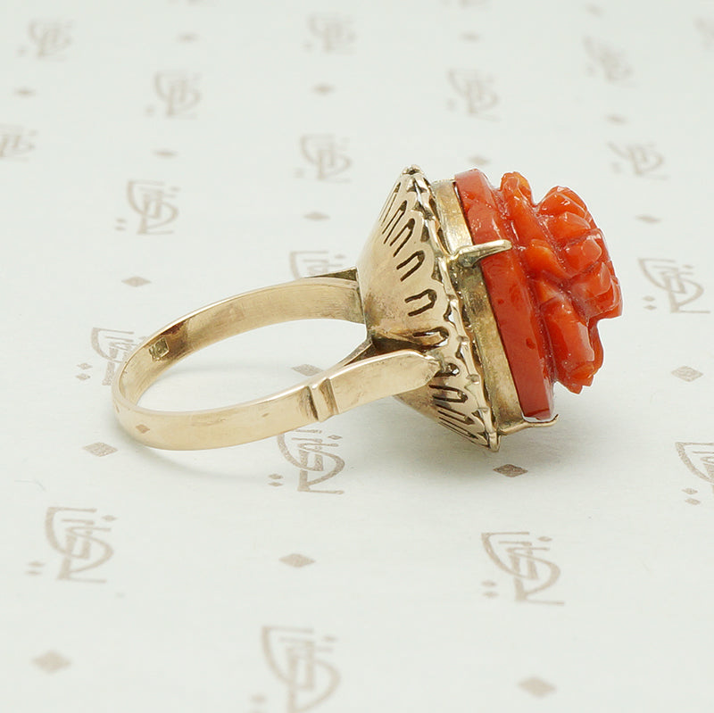 1950s Carved Red Daisy Ring in 18k