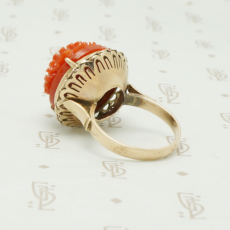 1950s Carved Red Daisy Ring in 18k