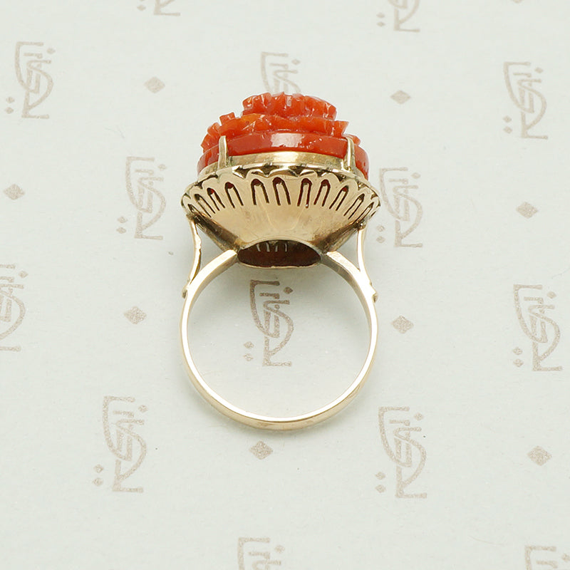 1950s Carved Red Daisy Ring in 18k