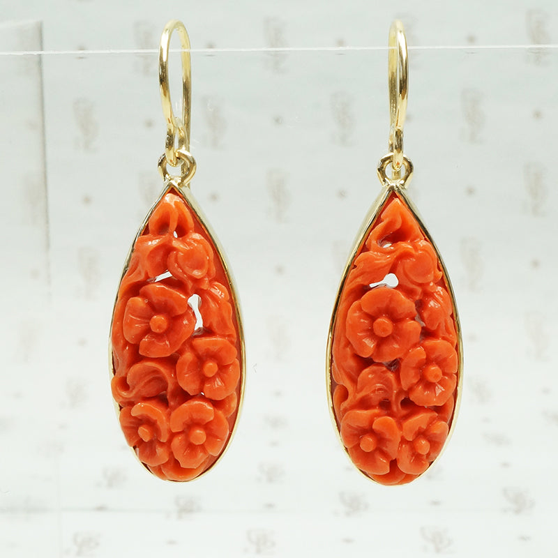 vintage carved coral set in 14k recycled 14k yellow gold drop earrings