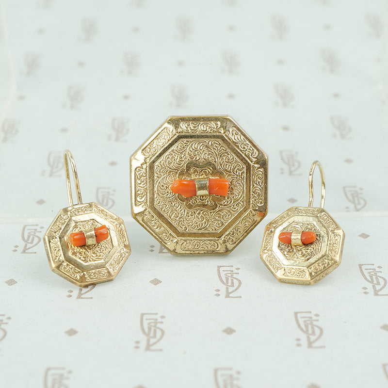 victorian gold filled coral pin and earrings set
