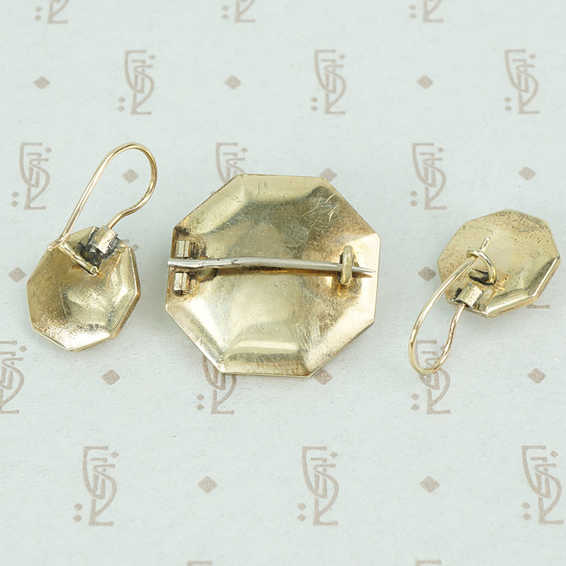 victorian gold filled coral pin and earrings set back view