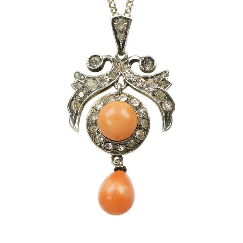 Belle Epoque Natural Coral Pendant in Silver with Paste