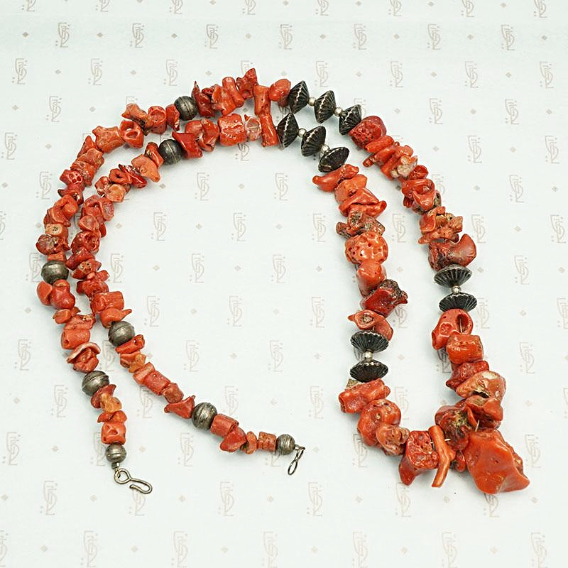 Antique Red Coral and Silver Navajo Bead Necklace