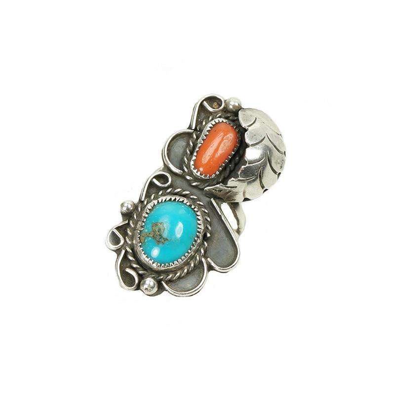 Turquoise and Coral Vintage Navajo Silver Ring