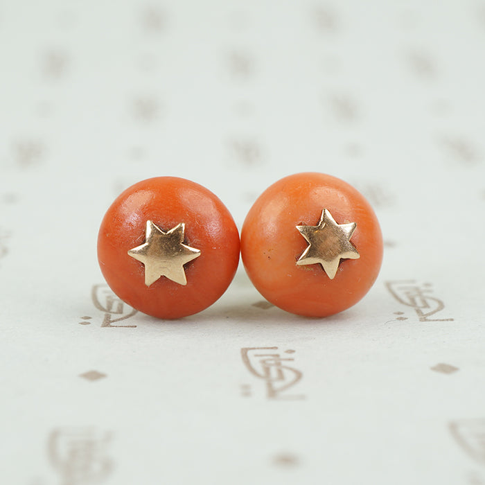Antique Coral Button Stud Earrings with Stars