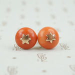 Antique Coral Button Stud Earrings with Stars