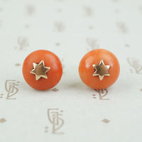 Antique Coral Button Stud Earrings with Stars