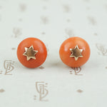 Antique Coral Button Stud Earrings with Stars
