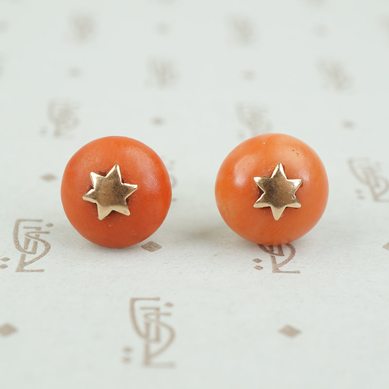 Antique Coral Button Stud Earrings with Stars