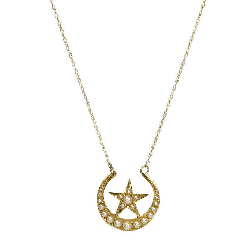 Gold Victorian Moon and Star Necklace set with Pearls - Gem Set Love