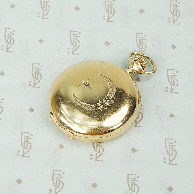 14k gold hunters case pocket watch with rose cut diamond set crescent moon and star