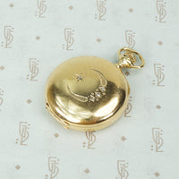 14k gold hunters case pocket watch with rose cut diamond set crescent moon and star