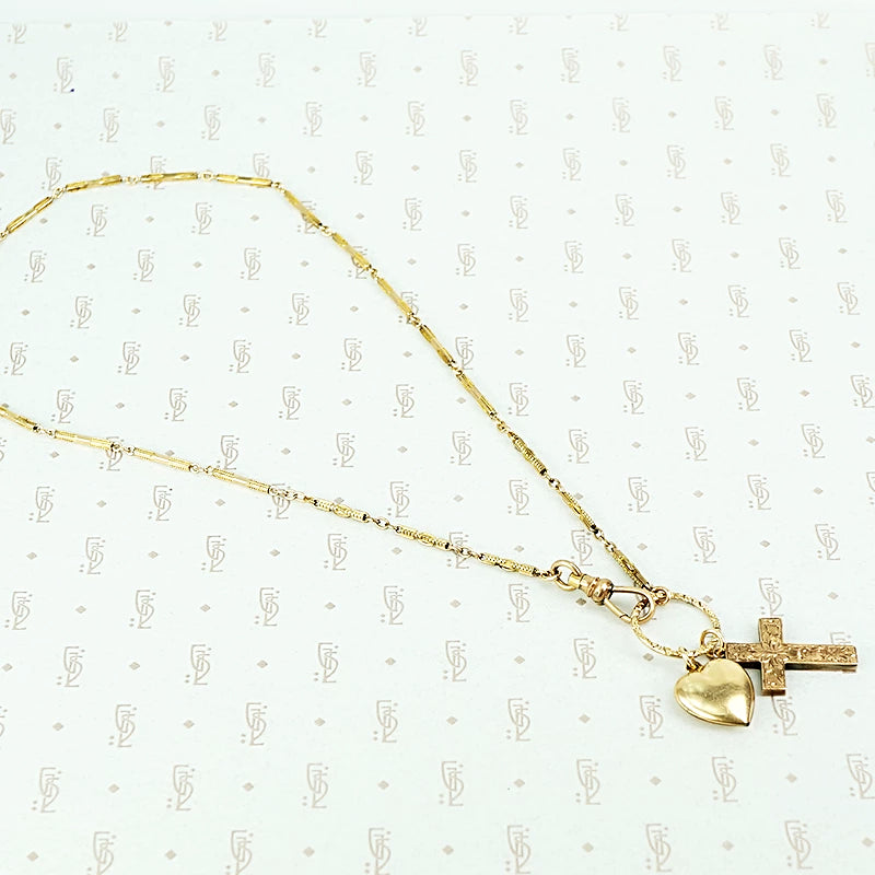 antique heart and cross fancy bar necklace