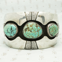 3 chunks of royston turquoise shadow set in coin silver cuff