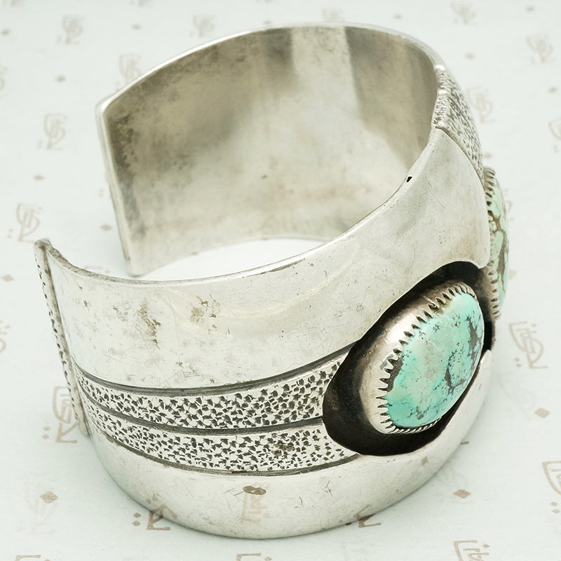 3 chunks of royston turquoise shadow set in coin silver cuff