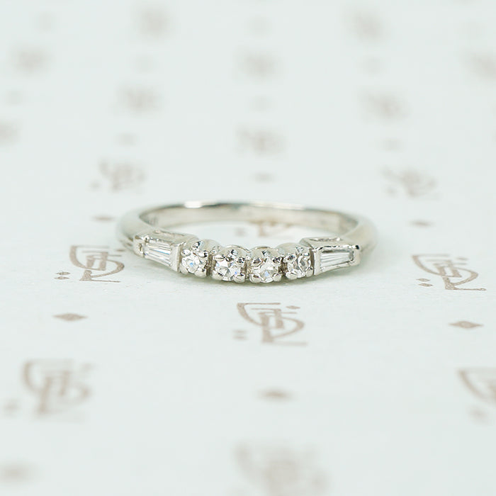 baguette and round diamond curved platinum band 1940's