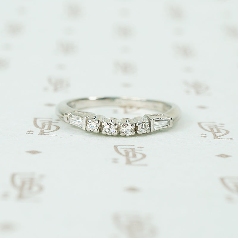 baguette and round diamond curved platinum band 1940's
