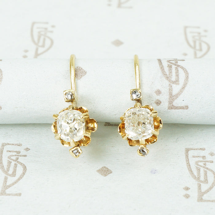 cushion cut and rose cut diamond drop earrings