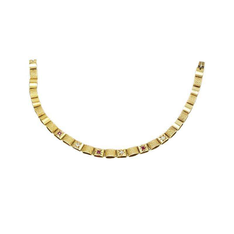 19th c.15k Gold Link Bracelet set wit Rubies and Diamonds