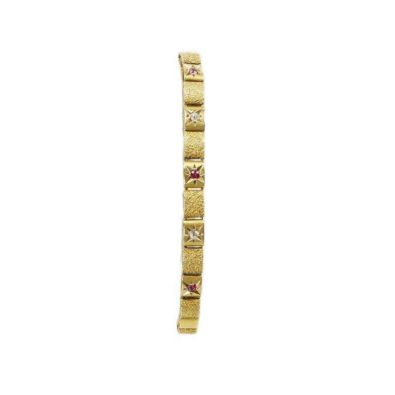 19th c.15k Gold Link Bracelet set wit Rubies and Diamonds