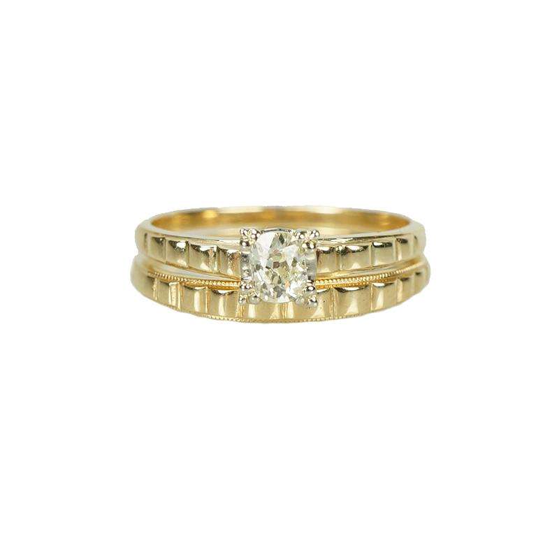 Vintage Matched Yellow Gold Wedding Set with Cushion Cut Diamond