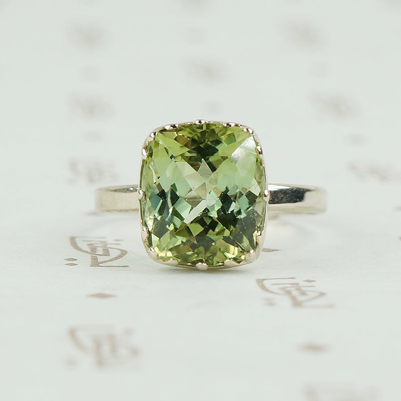 cushion cut pale green tourmaline white gold ring