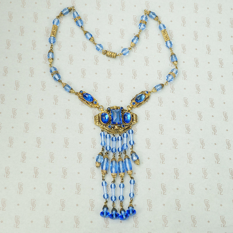 Sparkling Blue Vintage Czech Necklace with Fringe