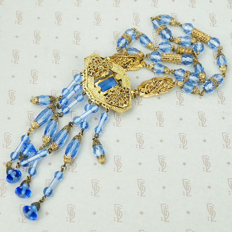 Sparkling Blue Vintage Czech Necklace with Fringe