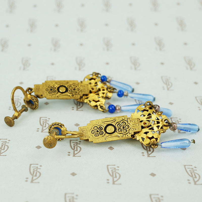 Czchoslovakian art glass and brass screw back earrings back view