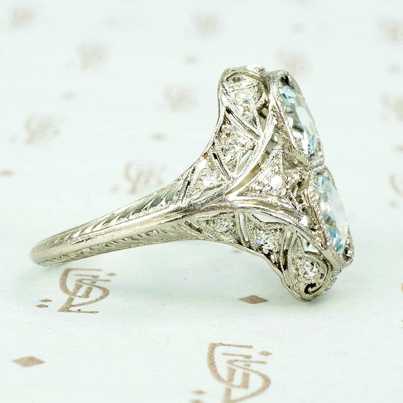 platinum and aquamaring diamond filigree ring circa 1915