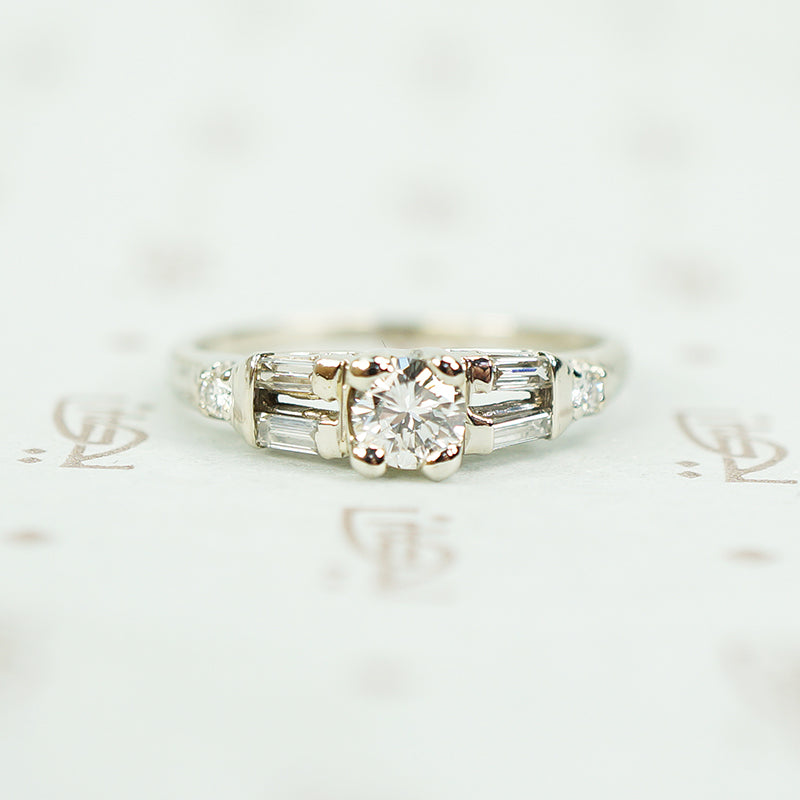 vintage 1950's 14k white gold diamond engagement ring with double baguette side diamonds