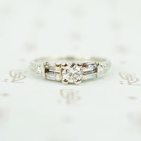 vintage 1950's 14k white gold diamond engagement ring with double baguette side diamonds