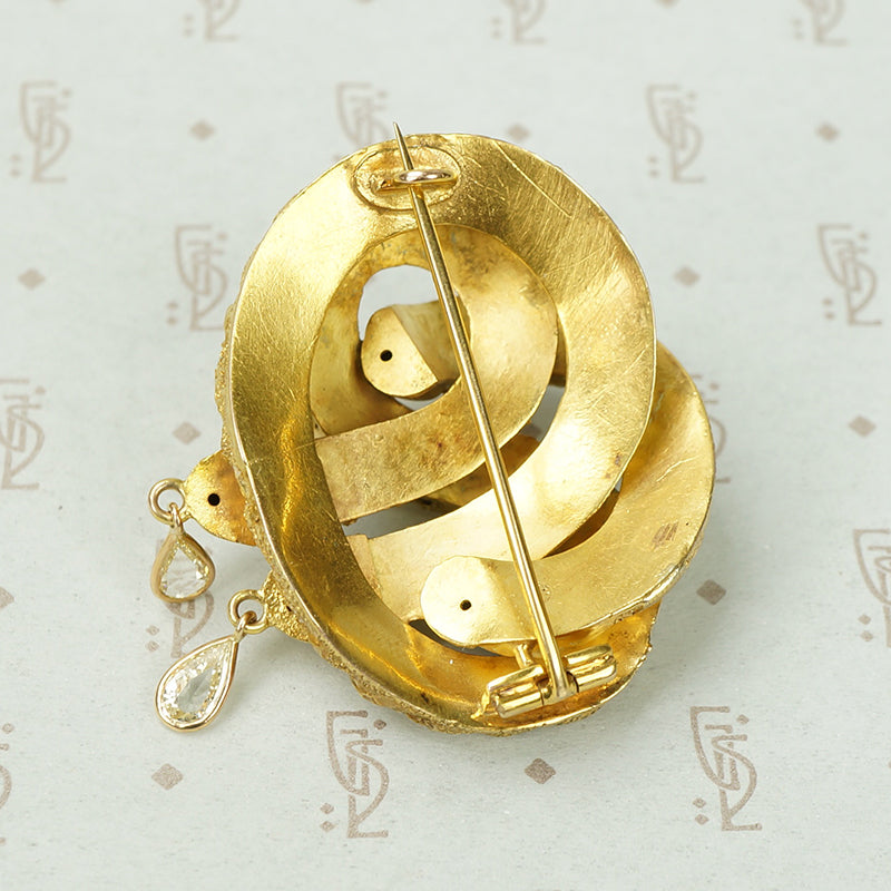 Double Snake Brooch with Rose Cut Diamond Drops