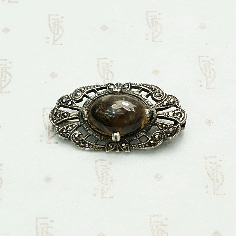 Agate & Marcasite Art Deco Silver Brooch