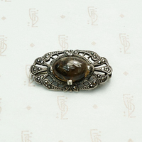 Agate & Marcasite Art Deco Silver Brooch