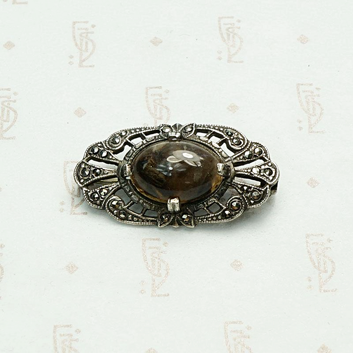 Agate & Marcasite Art Deco Silver Brooch