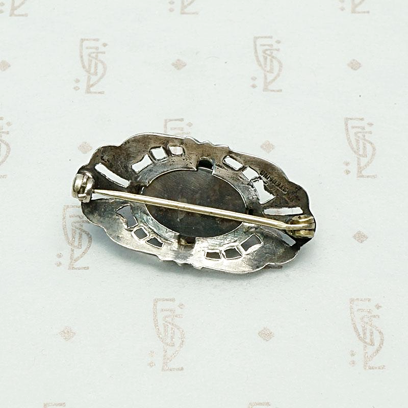 Agate & Marcasite Art Deco Silver Brooch, back view.