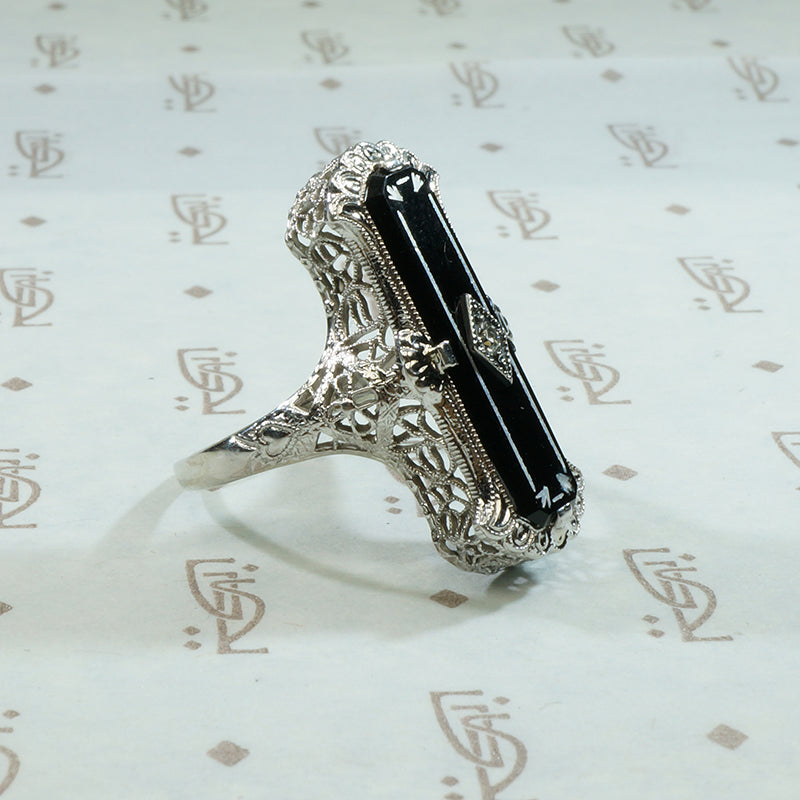 Exceptional Art Deco Enameled Onyx Filigree Ring