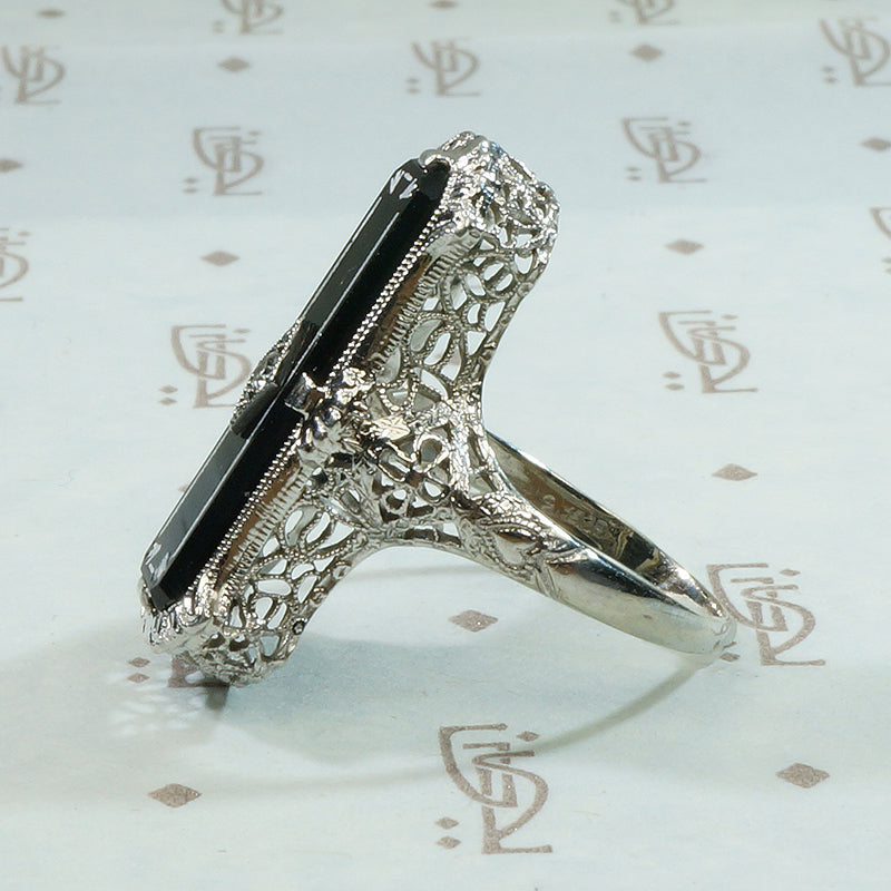 Exceptional Art Deco Enameled Onyx Filigree Ring