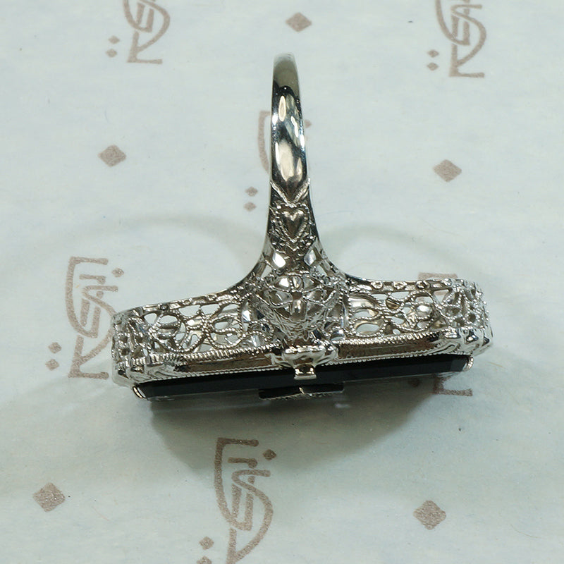 Exceptional Art Deco Enameled Onyx Filigree Ring